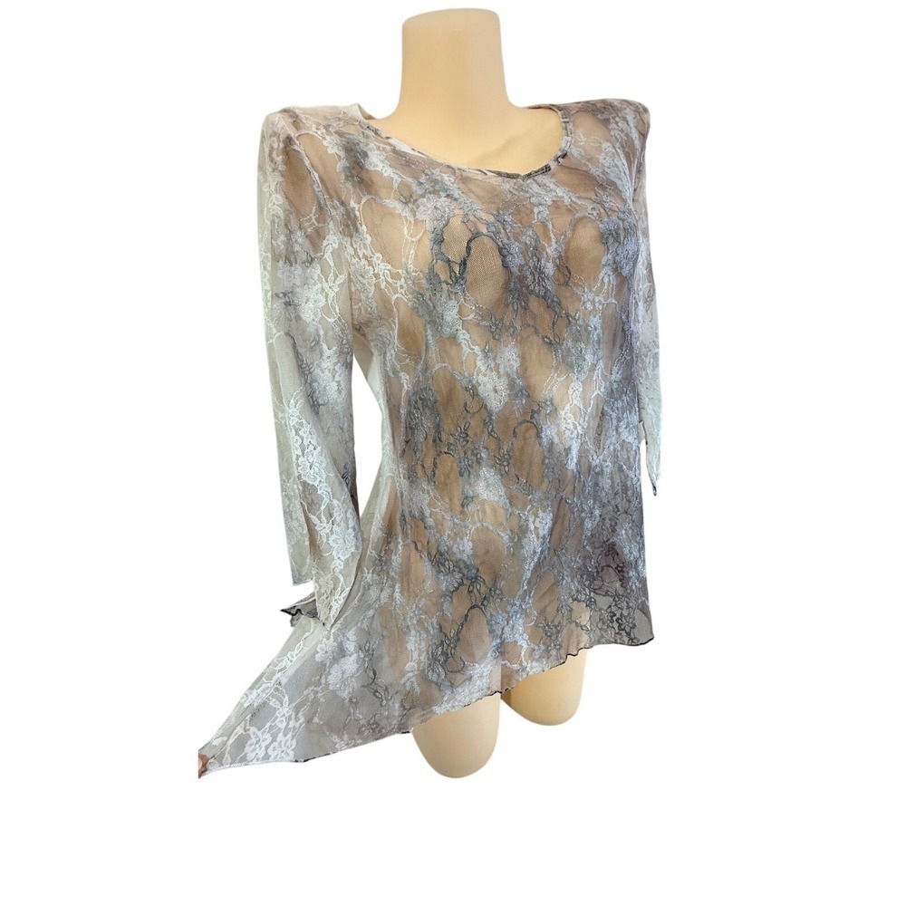 Brittany Blake Fairycore Whimsigoth Sheer Lace Bell Sleeve Marble Print Top L - Picture 5 of 13